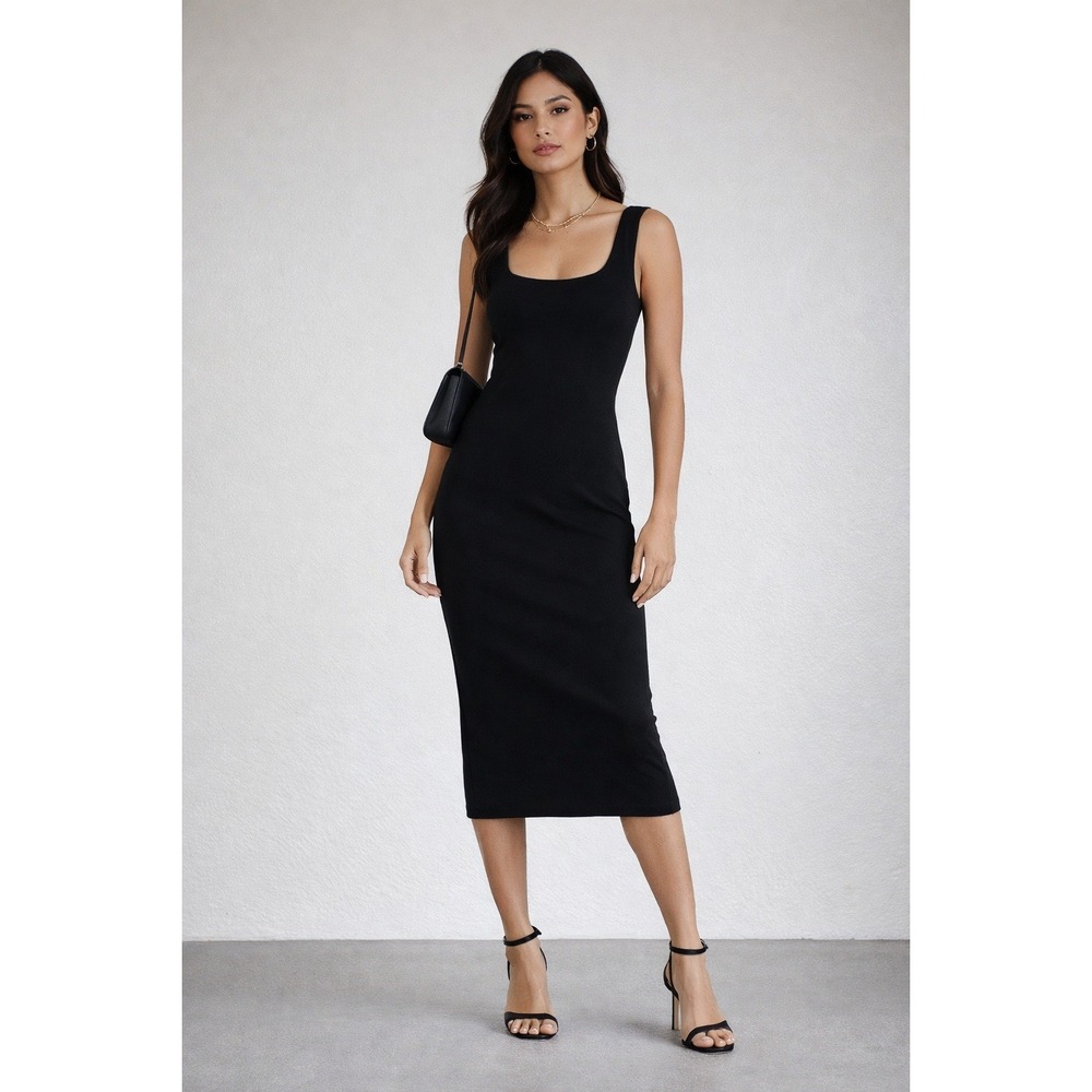 Zara Black Ribbed Knit Midi Dress Square Neck Sleeveless 5584/195/800 Size M